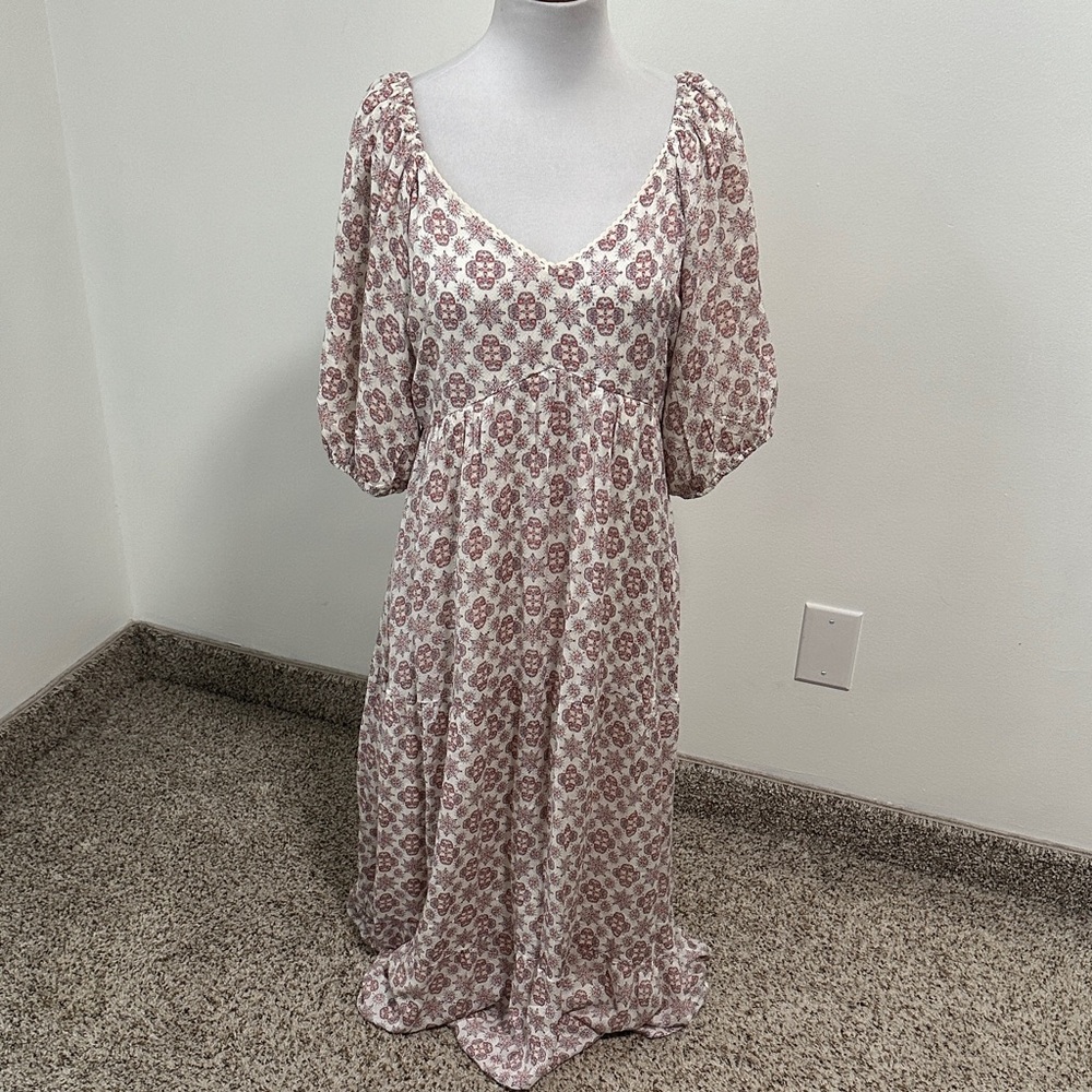 Floral Puff-Sleeve Maxi Dress in Dusty Rose